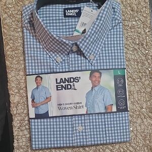 Lands' End Men's Blue Plaid Short-Sleeve Shirt
